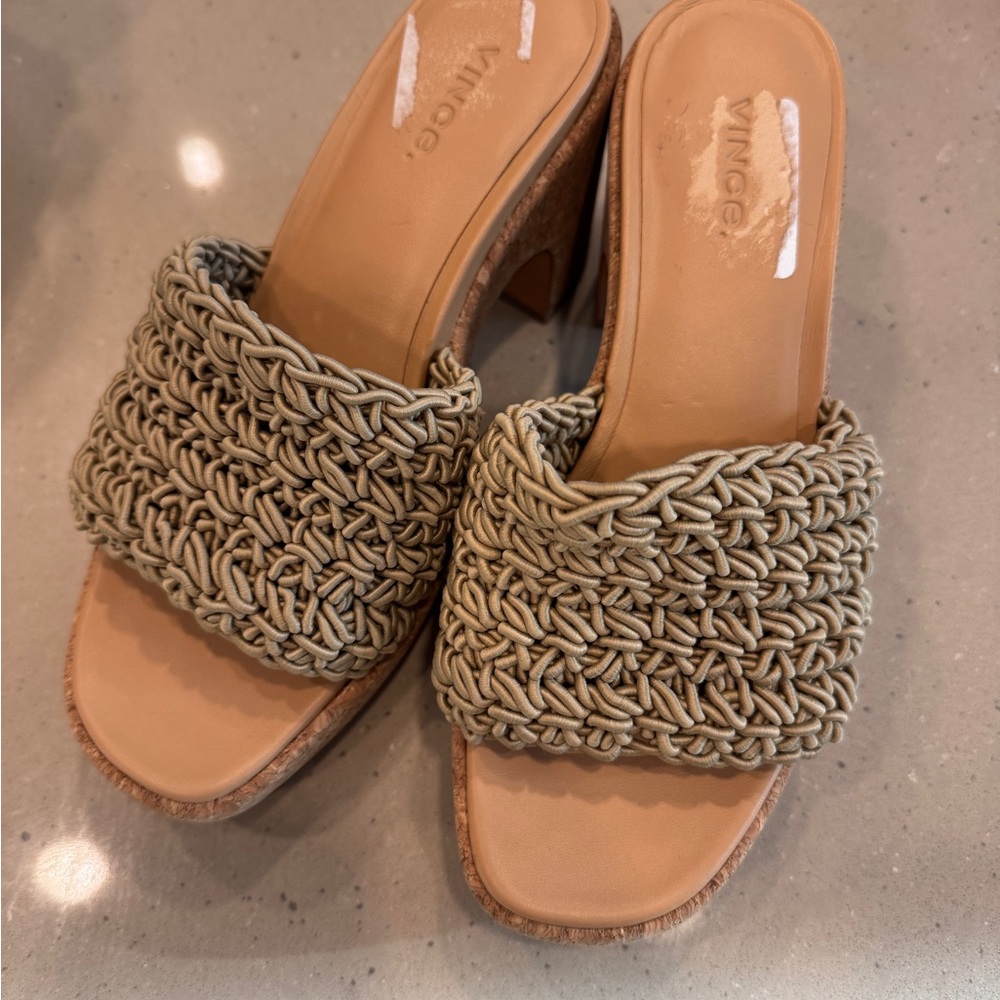 Vince ~ Women's Tan Woven Block Heel Sandals - Picture 3 of 5